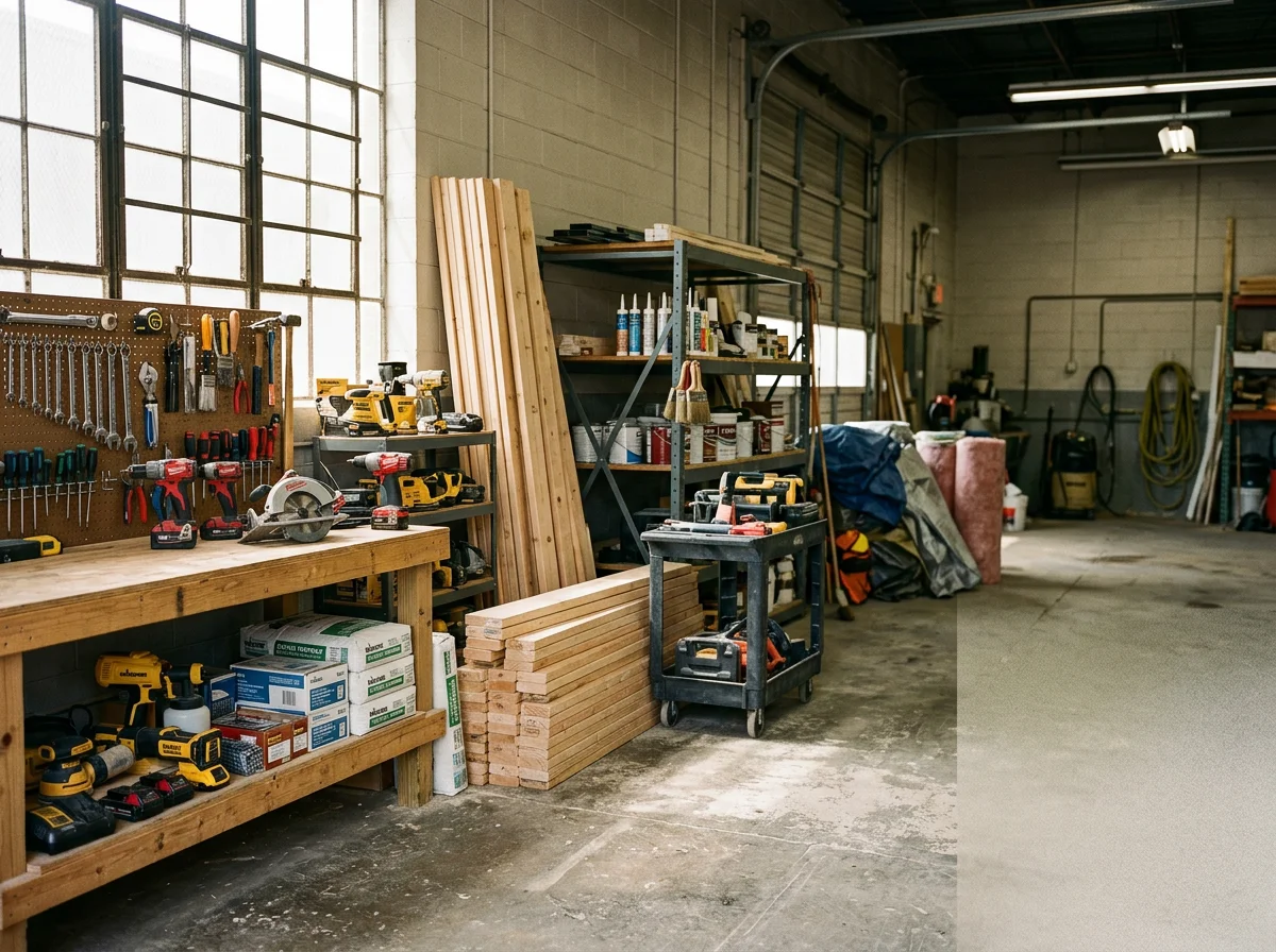 Construction crew and tools ready for home remodeling and restoration work on residential properties.