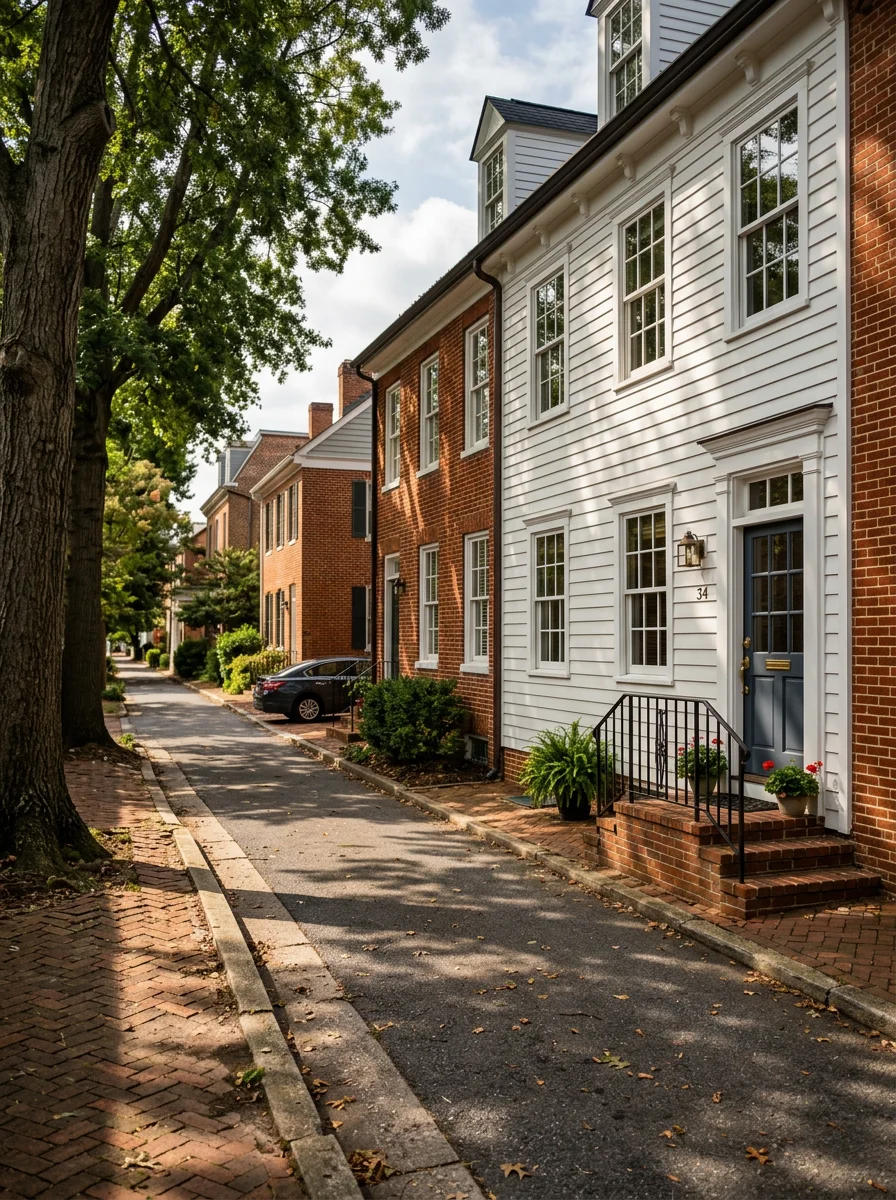 Annapolis row house with vinyl siding and new replacement windows on tree-lined street