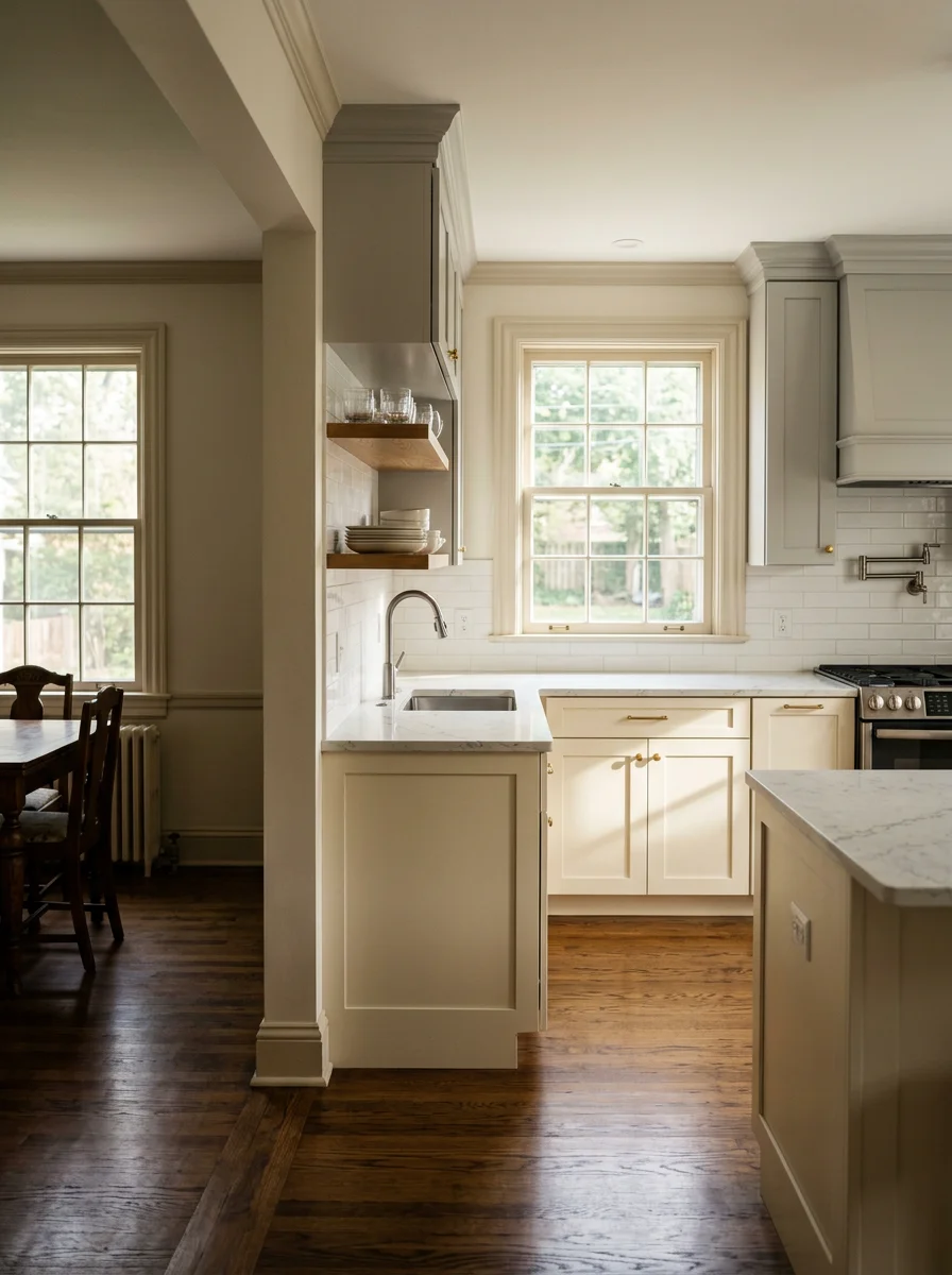 Renovated kitchen interior in a pre-1940 Catonsville colonial home, showing updated cabinetry, countertops, and an open layout replacing the original galley configuration.