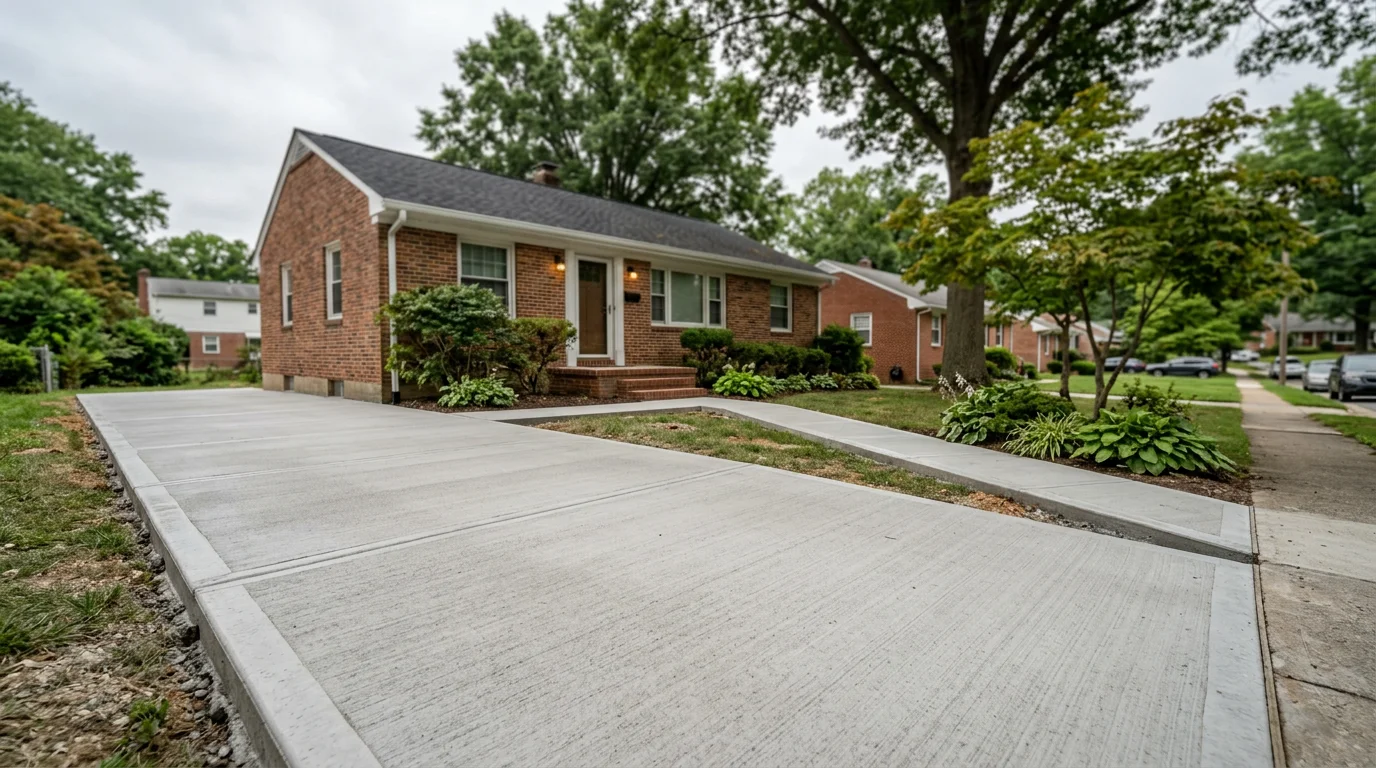 New concrete driveway installed in front of a mid-century single-family home in Halethorpe, MD, with a freshly poured front walkway leading to the entry stoop.