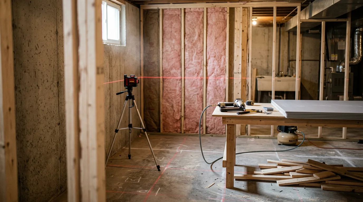 A finished basement in a Halethorpe, MD home showing framed drywall walls, recessed lighting, and new flooring converted from an unfinished concrete space. The completed room is set up as a family living area in a mid-century Baltimore County single-family home.