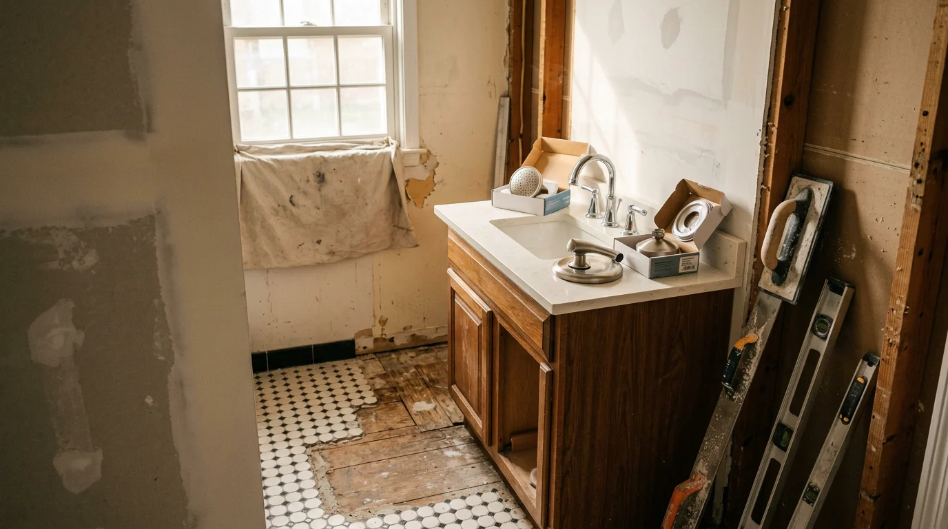 A remodeled bathroom interior in a Halethorpe, MD home showing a new vanity, updated tile work, and a modern shower enclosure. The renovation reflects the type of mid-century single-family home common across the Halethorpe area.