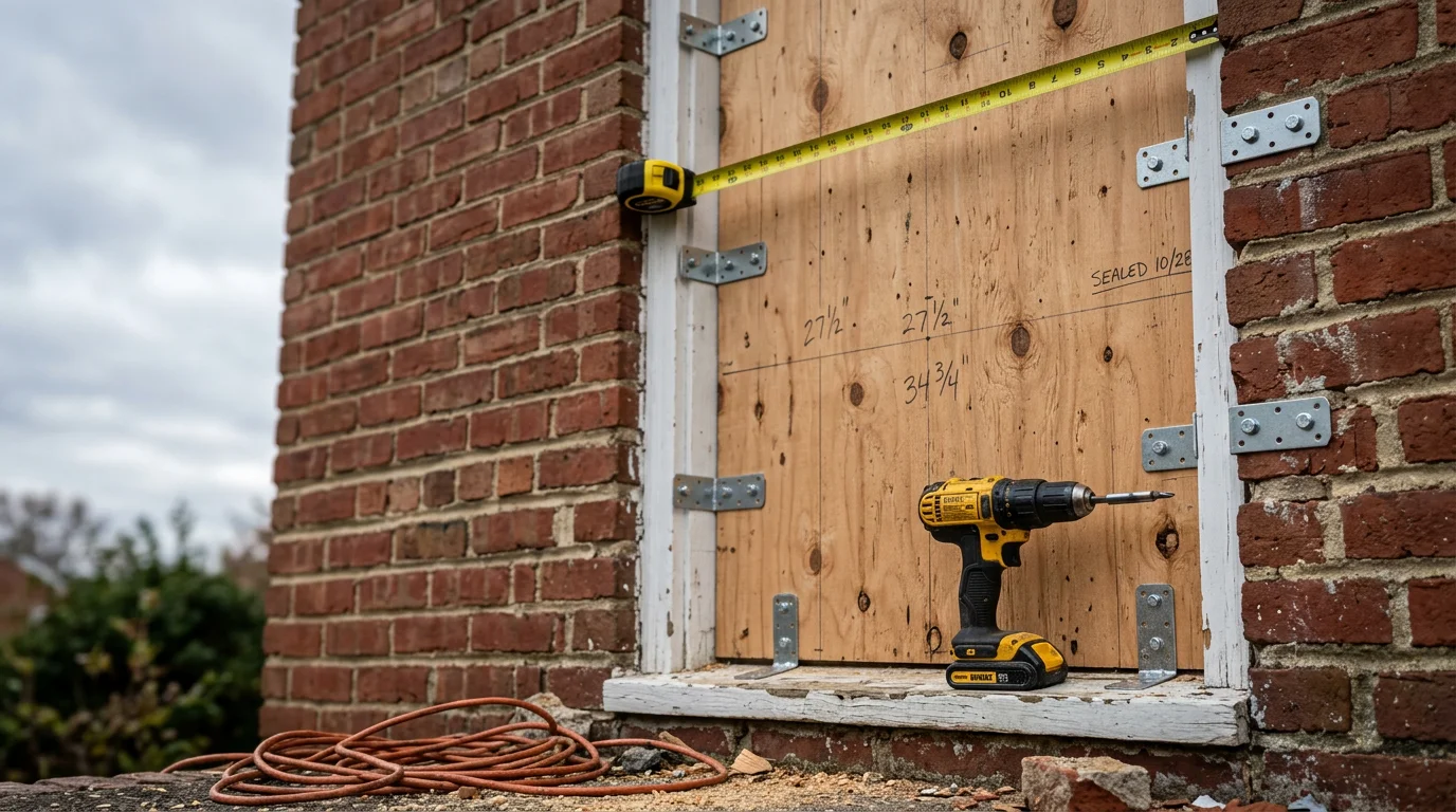 A boarded up window on a residential property in Halethorpe, MD following storm damage, with plywood panels secured firmly over the opening. The surrounding exterior shows signs of recent weather damage typical of the Baltimore area.