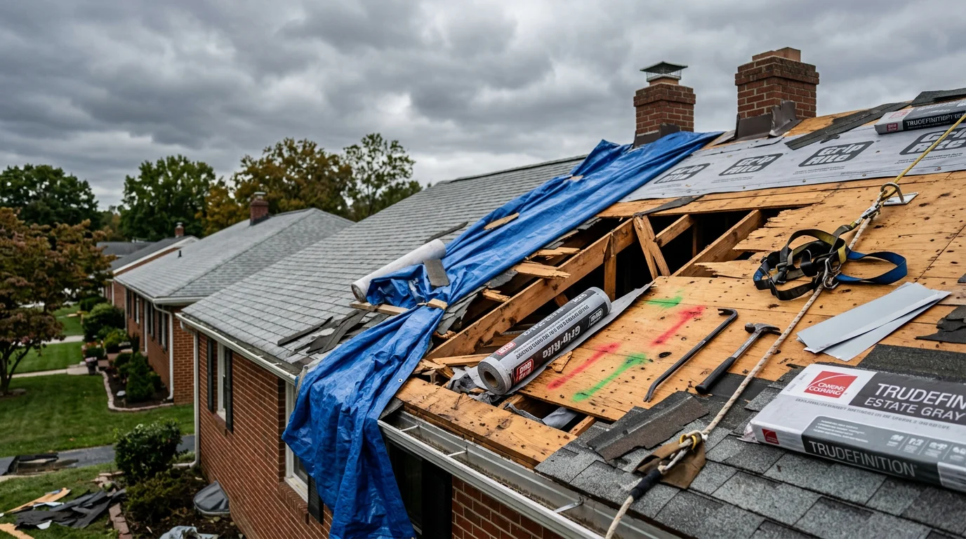 A residential property in Halethorpe, MD showing storm and structural damage being assessed and repaired by a contractor crew. Visible damage to the exterior and roof is being addressed as part of catastrophe restoration work.