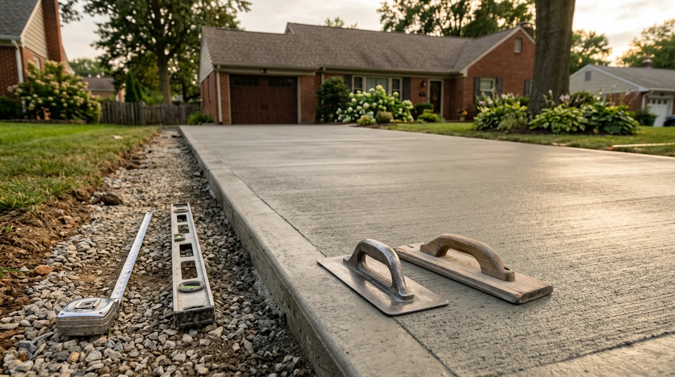 Freshly poured concrete driveway at a residential property in Halethorpe, MD, with clean formed edges and a smooth finished surface. A contractor from R&R Construction And Restoration Service's LLC works the surface during the finishing stage.