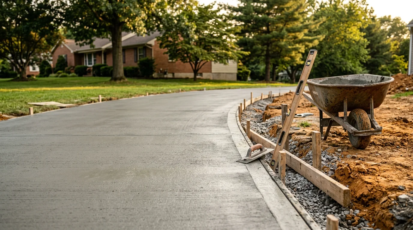 A freshly poured concrete driveway in front of a single-family home in Halethorpe, MD, with clean edges and a smooth broom finish. The surface runs from the street to a detached garage on a residential lot in Baltimore County.