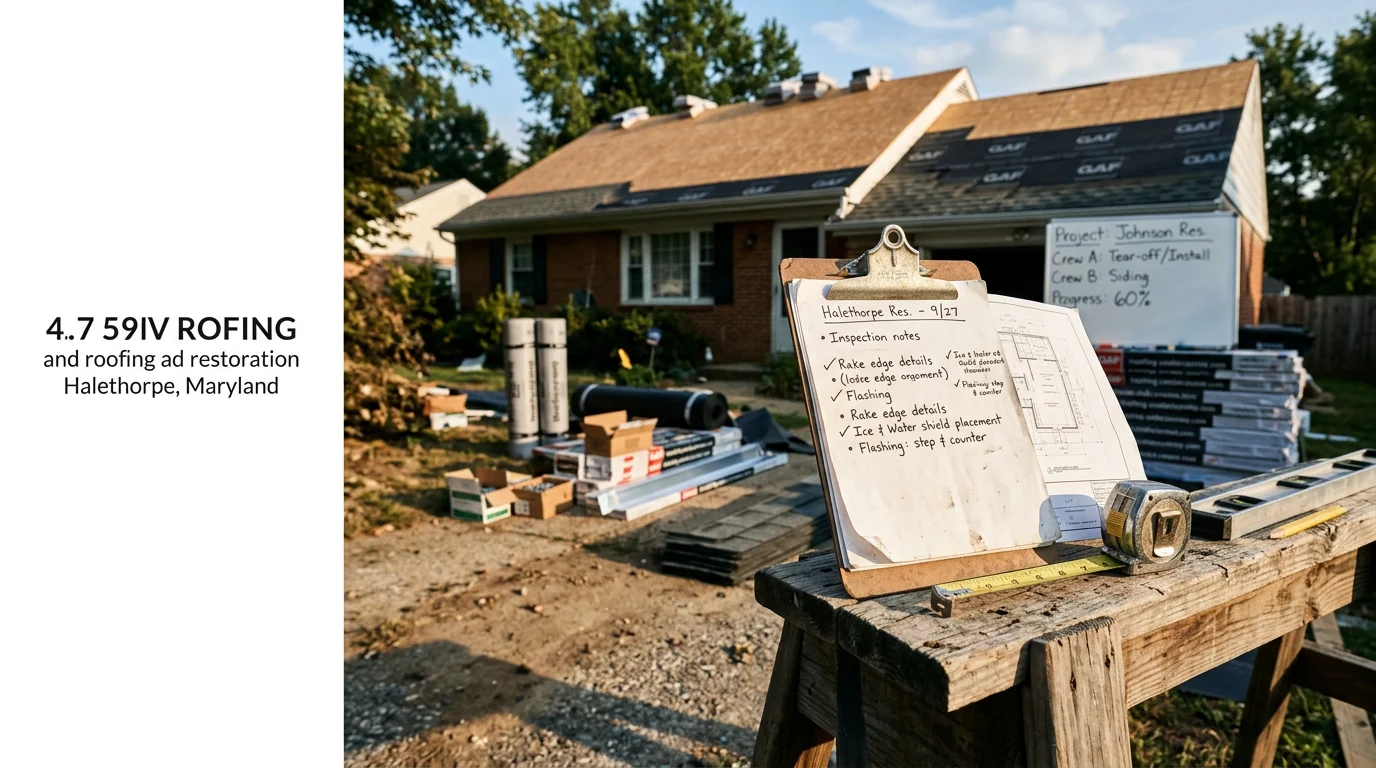 A construction supervisor reviewing work progress on a residential renovation project in Halethorpe, Maryland, with framing and building materials visible in the background.