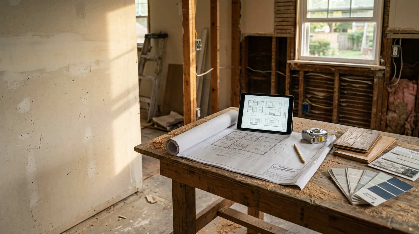 A general contractor reviewing a custom remodeling consultation plan with a homeowner inside an older residential home in Halethorpe, MD. The walkthrough covers existing room layout and project scope before any renovation work begins.