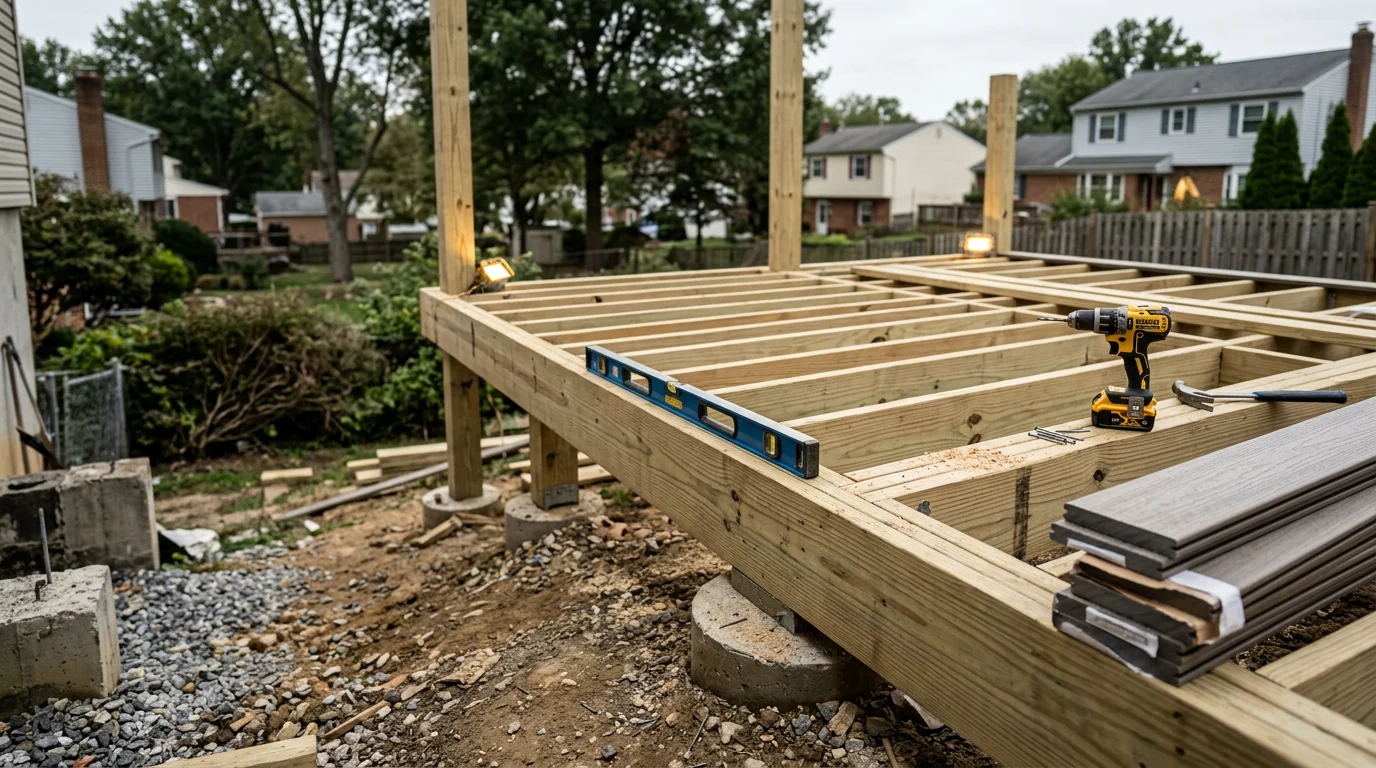 A newly constructed wood deck attached to a residential home in Halethorpe, MD, with clean framing, level decking boards, and a railed perimeter. The deck overlooks a residential backyard typical of the Baltimore County area.