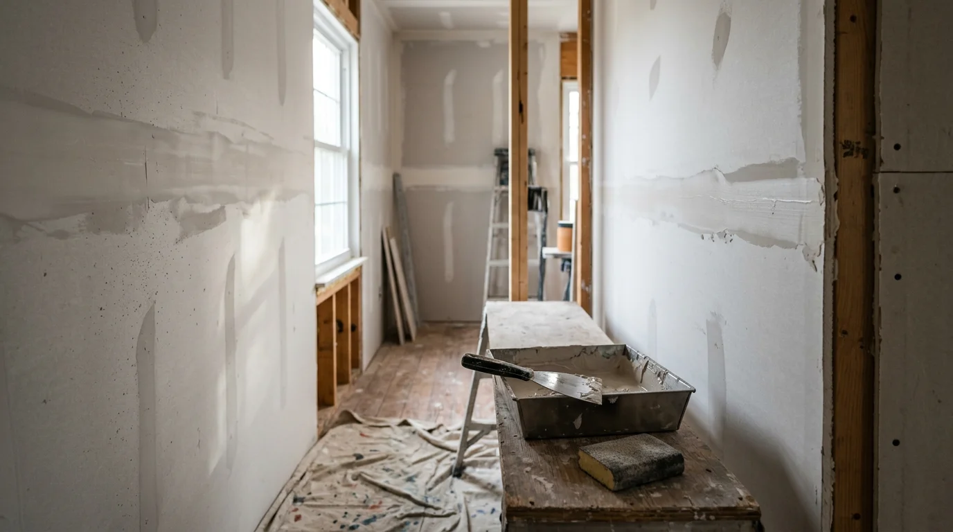 A freshly installed and finished drywall wall inside a residential room in Halethorpe, MD, showing smooth, paint-ready surfaces with clean seams and no visible joints. A contractor's tools rest nearby on the floor of the work area.