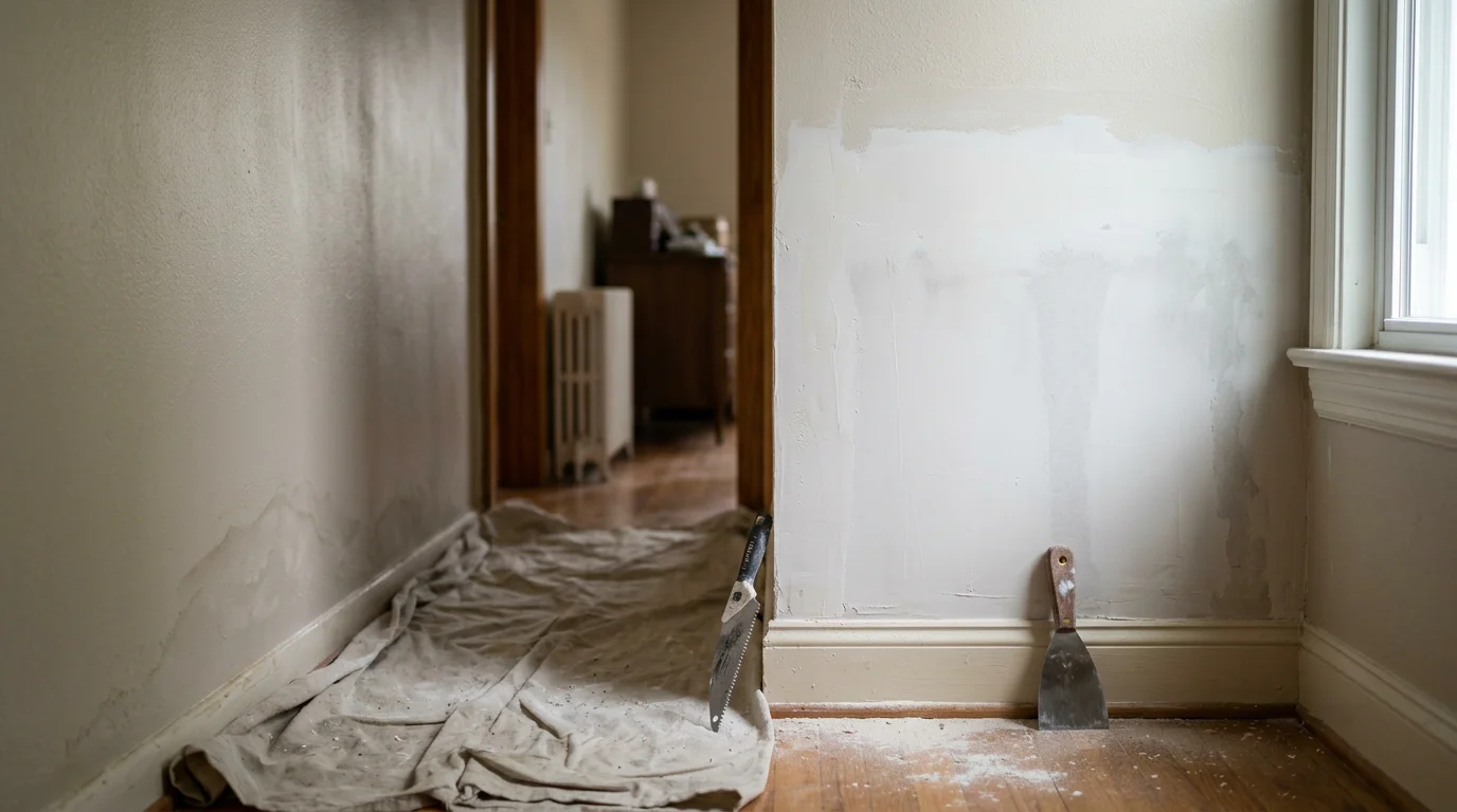 A repaired interior drywall surface in a Halethorpe, MD home showing a smooth, paint-ready finish where a damaged section was patched. Close view of a completed drywall repair on a residential wall with no visible seams or texture differences.