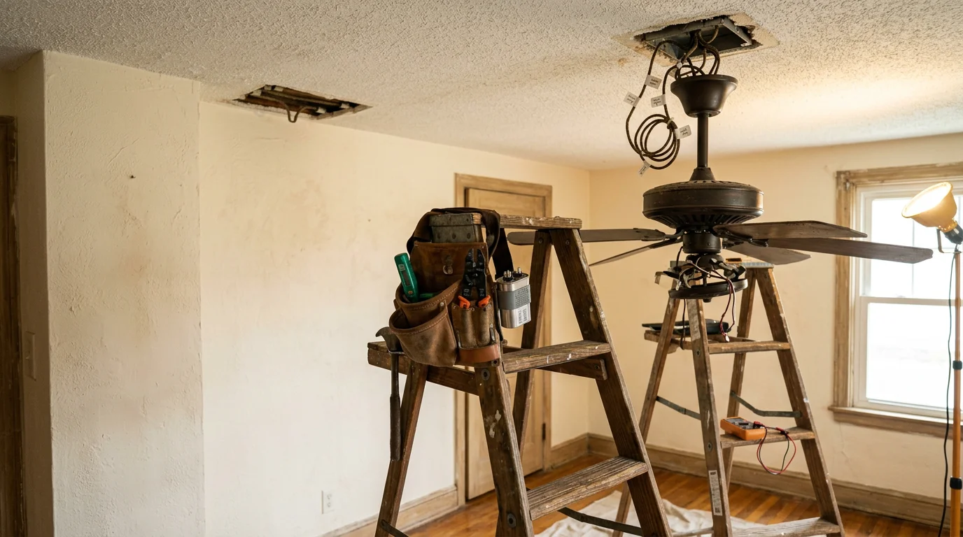 A ceiling fan mounted in a residential room in Halethorpe, MD, with visible blade hardware and motor housing being inspected for repair. A technician examines the wiring connections at the ceiling junction box.