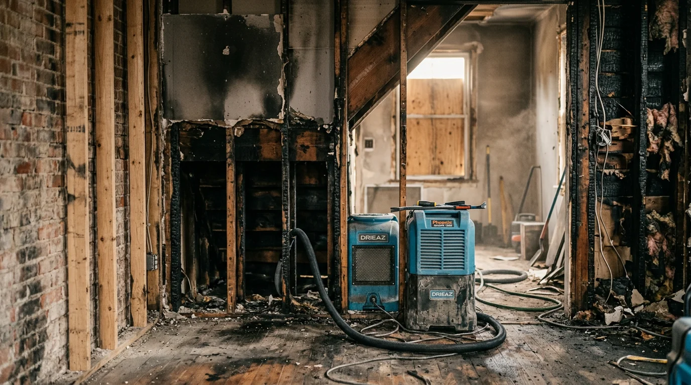 Fire-damaged interior of a Maryland home showing charred walls and soot-covered surfaces before restoration work begins. A contractor from R&R Construction And Restoration Service's LLC assesses structural damage in the Halethorpe area.