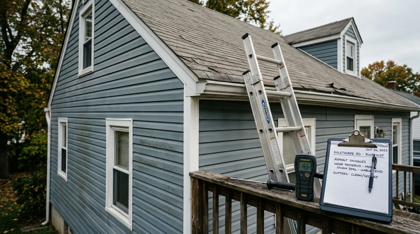 A contractor from R&R Construction And Restoration Service's LLC reviewing a property exterior with a homeowner during a free consultation visit in Halethorpe, Maryland. The image shows an on-site walkthrough of a residential property with visible siding and roofline in a Maryland neighborhood setting.