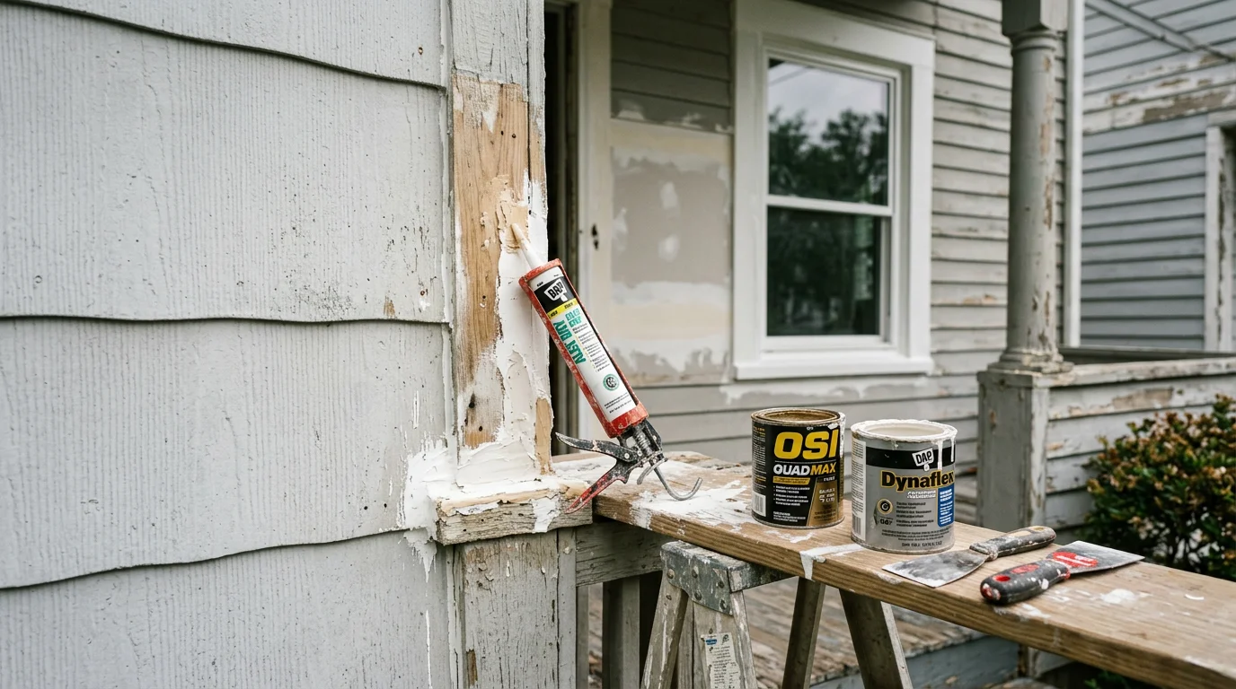A repaired interior wall and trim inside a Halethorpe, Maryland home, showing clean finished work on drywall and wood molding. A contractor's tools rest nearby on a drop cloth after completing general repair work.