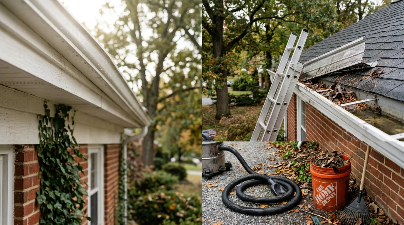 A roofing contractor clearing packed leaves and debris from the gutters of a residential home in Halethorpe, MD. The downspout is being flushed to restore proper drainage along the roofline.