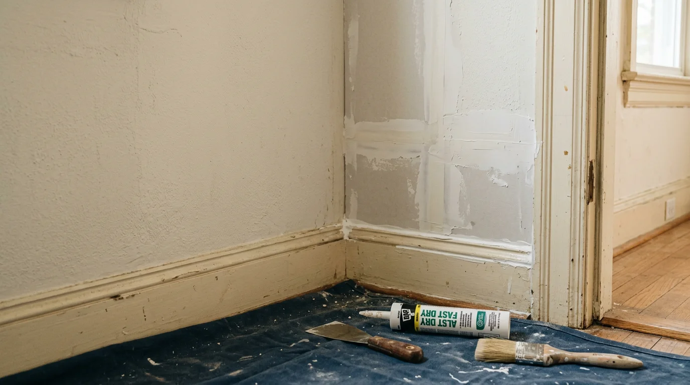 A handyman repairing interior trim and drywall inside an older Maryland home in the Halethorpe area. The work area shows patched walls and finished woodwork typical of mid-century residential construction common across the region.