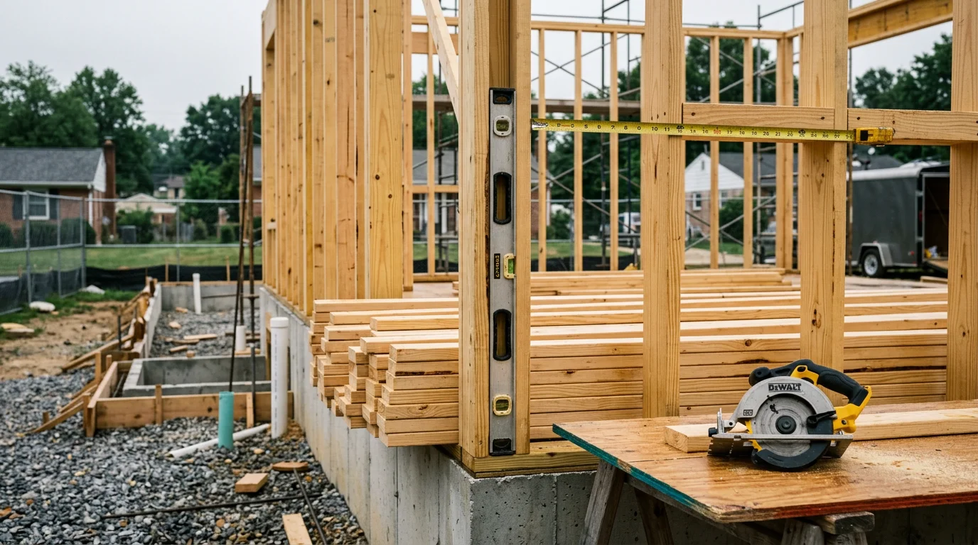 A newly constructed residential home in Halethorpe, Maryland with framed walls and a finished roofline visible against a clear sky. R&R Construction And Restoration Service's LLC crew working on a ground-up home build in the Baltimore County area.