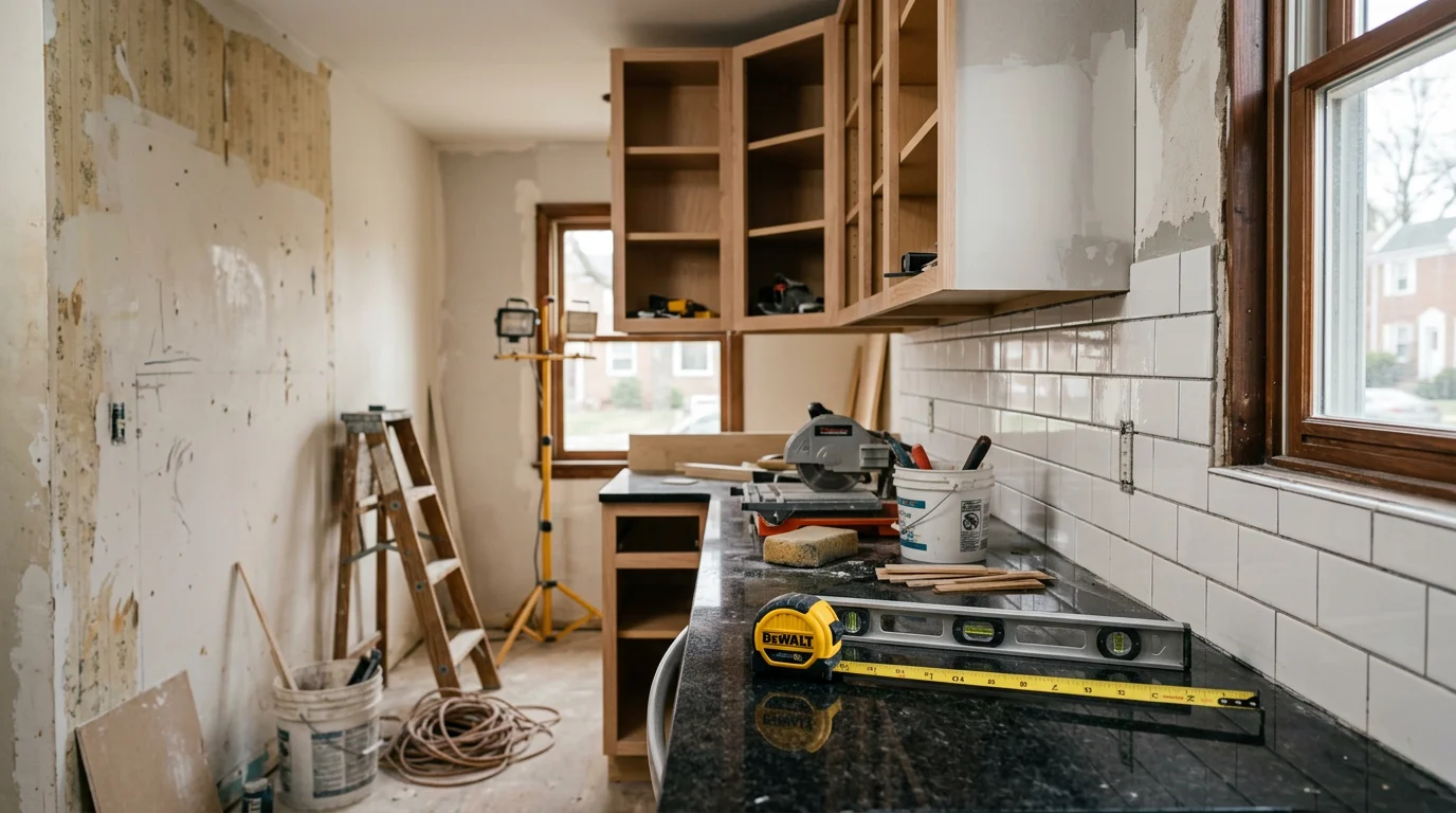 Finished home remodel interior in Halethorpe, MD showing updated kitchen cabinetry and flooring completed by R&R Construction And Restoration Service's LLC. The renovated space reflects structural updates common to older single-family homes in the Baltimore County area.