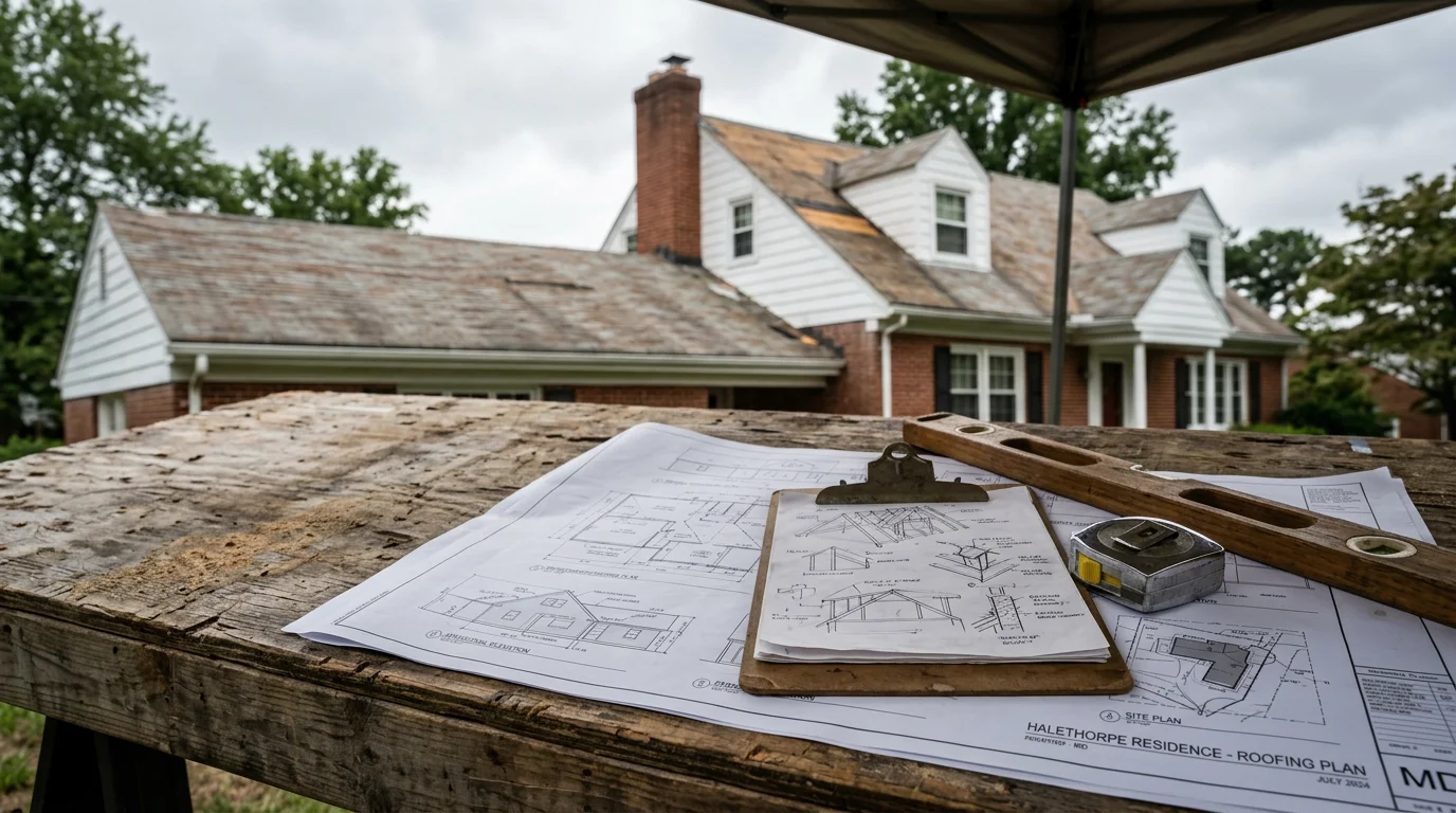 A contractor reviewing initial design plans with a homeowner at a residential property in Halethorpe, MD. The plans are spread across a table showing a layout for a construction or restoration project.