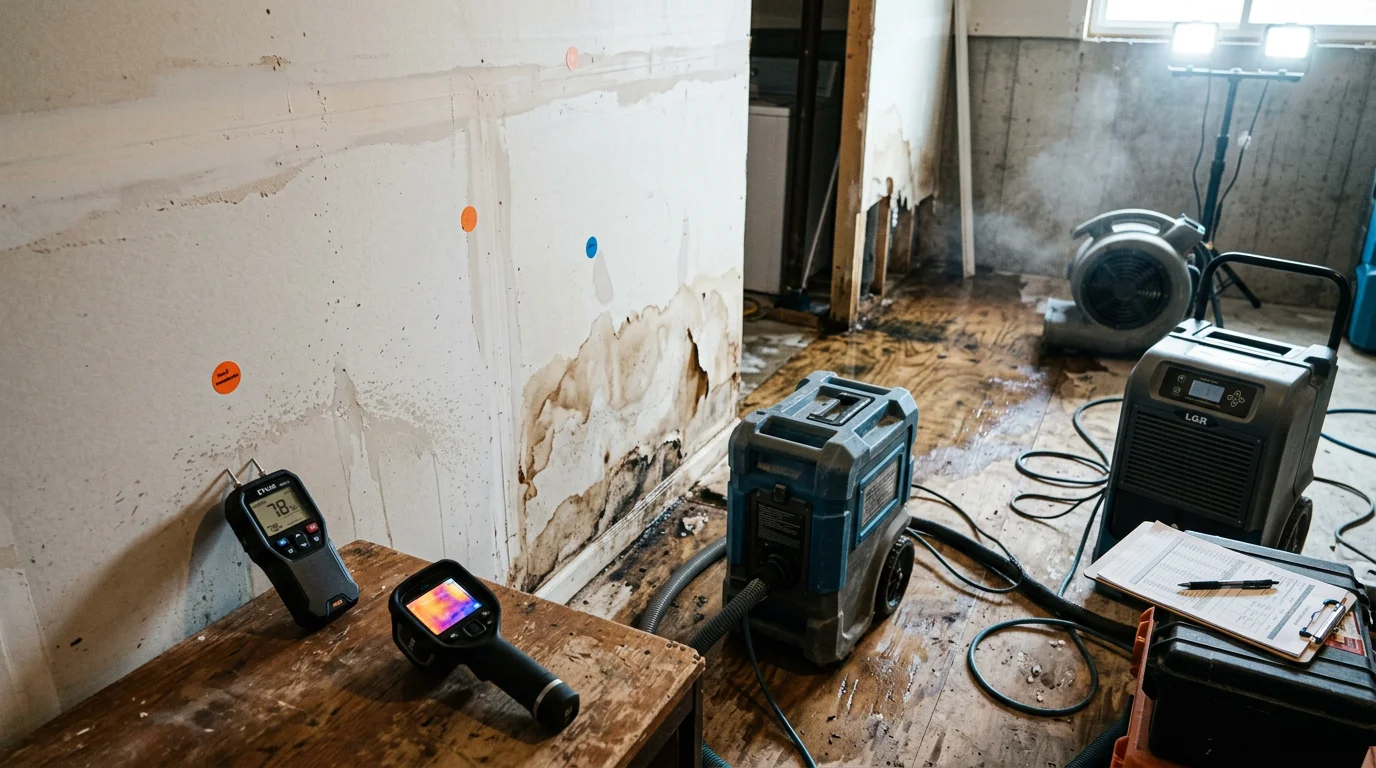 Interior of a Halethorpe, MD home showing water-damaged drywall and flooring being assessed by a restoration contractor. Restoration equipment is staged in the room as part of an insurance water damage claim.