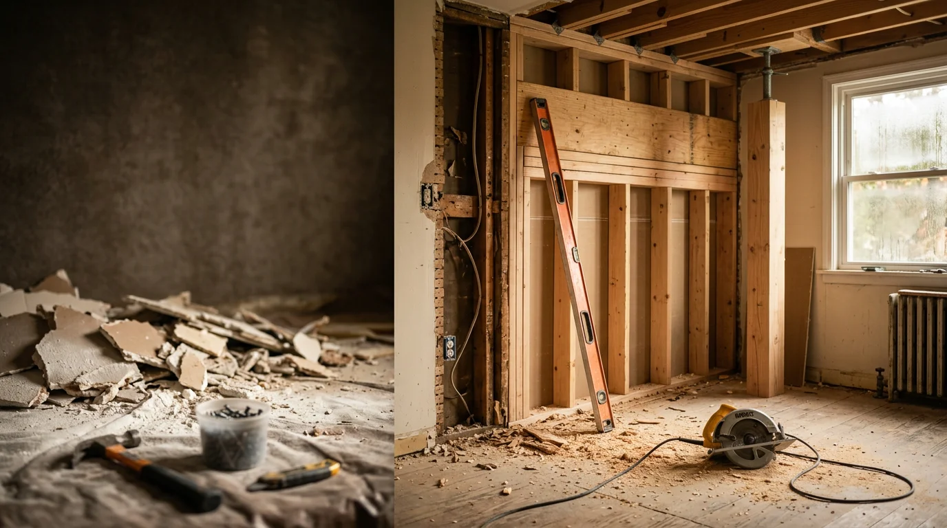 Interior view of a Halethorpe, MD home showing repaired floor joists and restored wall framing after structural damage. The work area reflects mid-century residential construction typical of the Baltimore County area.