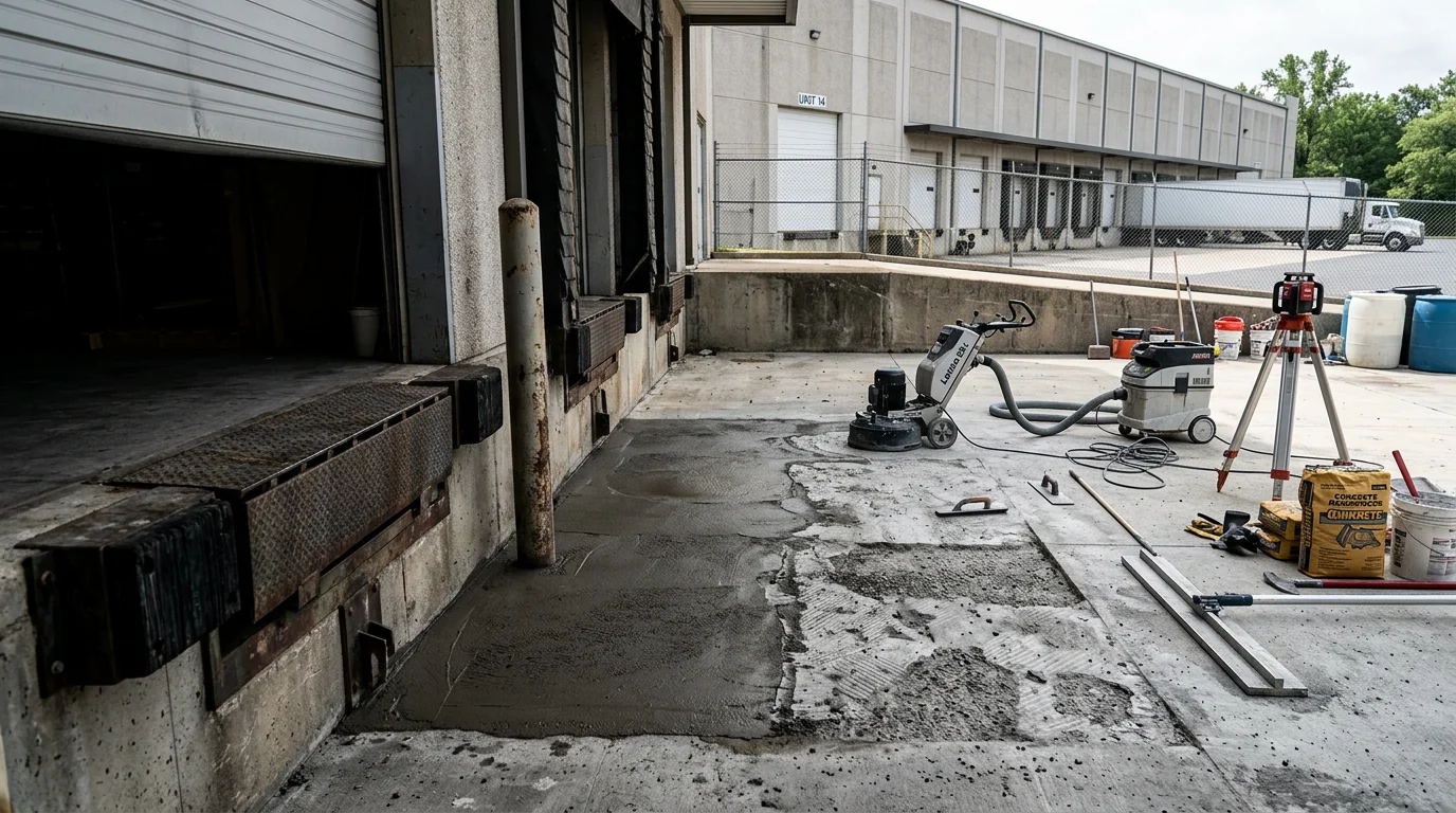 Concrete loading dock apron and ramp at a commercial warehouse facility in Halethorpe, MD, showing a freshly constructed dock surface ready for truck and forklift access. R&R Construction And Restoration Service's LLC completed the dock build for an industrial property in the Baltimore County area.