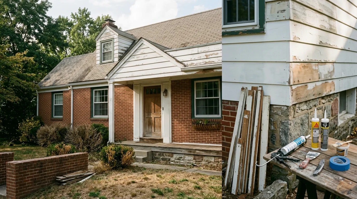 A contractor completing interior home repair work inside an older single-family home in Halethorpe, MD. The image shows finished repair work on walls and trim in a mid-century residential property.