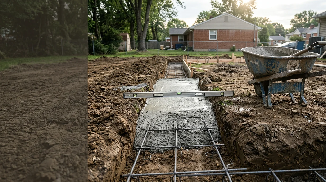 A freshly poured concrete slab with clean formed edges on a residential property in Halethorpe, MD. The surface is smooth and level, with visible grading away from the structure for drainage.