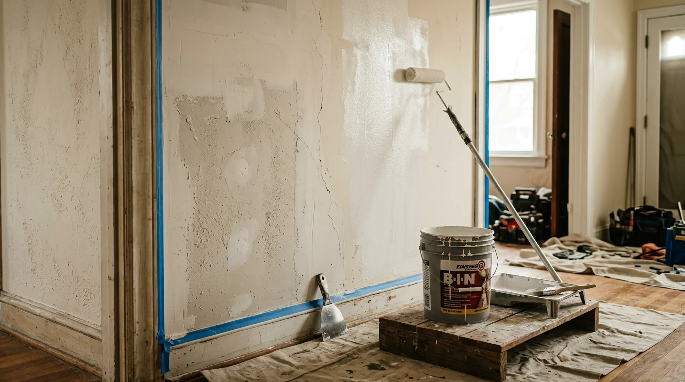 Interior room in a mid-century single-family home in Halethorpe, MD with freshly painted walls, clean trim, and smooth ceiling finish. A contractor from R&R Construction And Restoration Service's LLC applies a second coat to a living room wall during an interior painting project.
