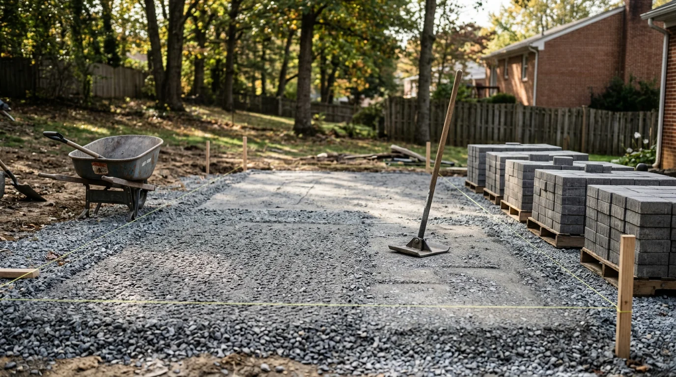 A finished backyard patio installed by R&R Construction And Restoration Service's LLC at a residential home in Halethorpe, MD. The patio surface is level and clean, with a graded edge that meets the surrounding yard.