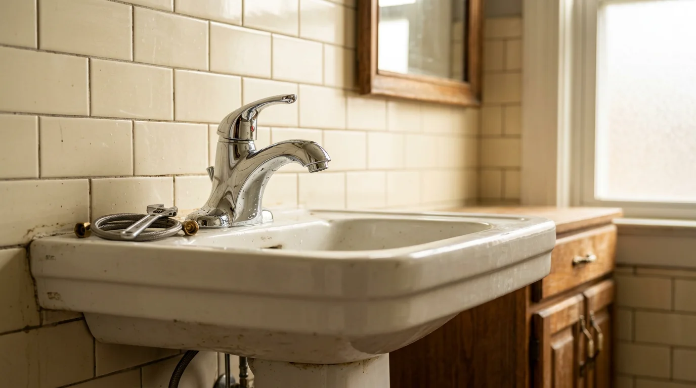A newly installed bathroom sink and faucet fixture in a mid-century single-family home in Halethorpe, MD, with clean supply line connections visible beneath the vanity. The finished installation shows tight seals and properly aligned drain hardware typical of Baltimore County residential plumbing work.