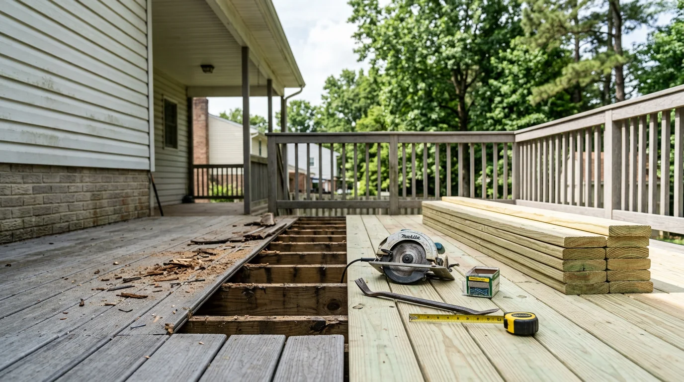 A restored wood deck attached to a residential home in Halethorpe, MD, with repaired railings and clean decking boards. R&R Construction And Restoration Service's LLC completed the project for a Baltimore County homeowner.