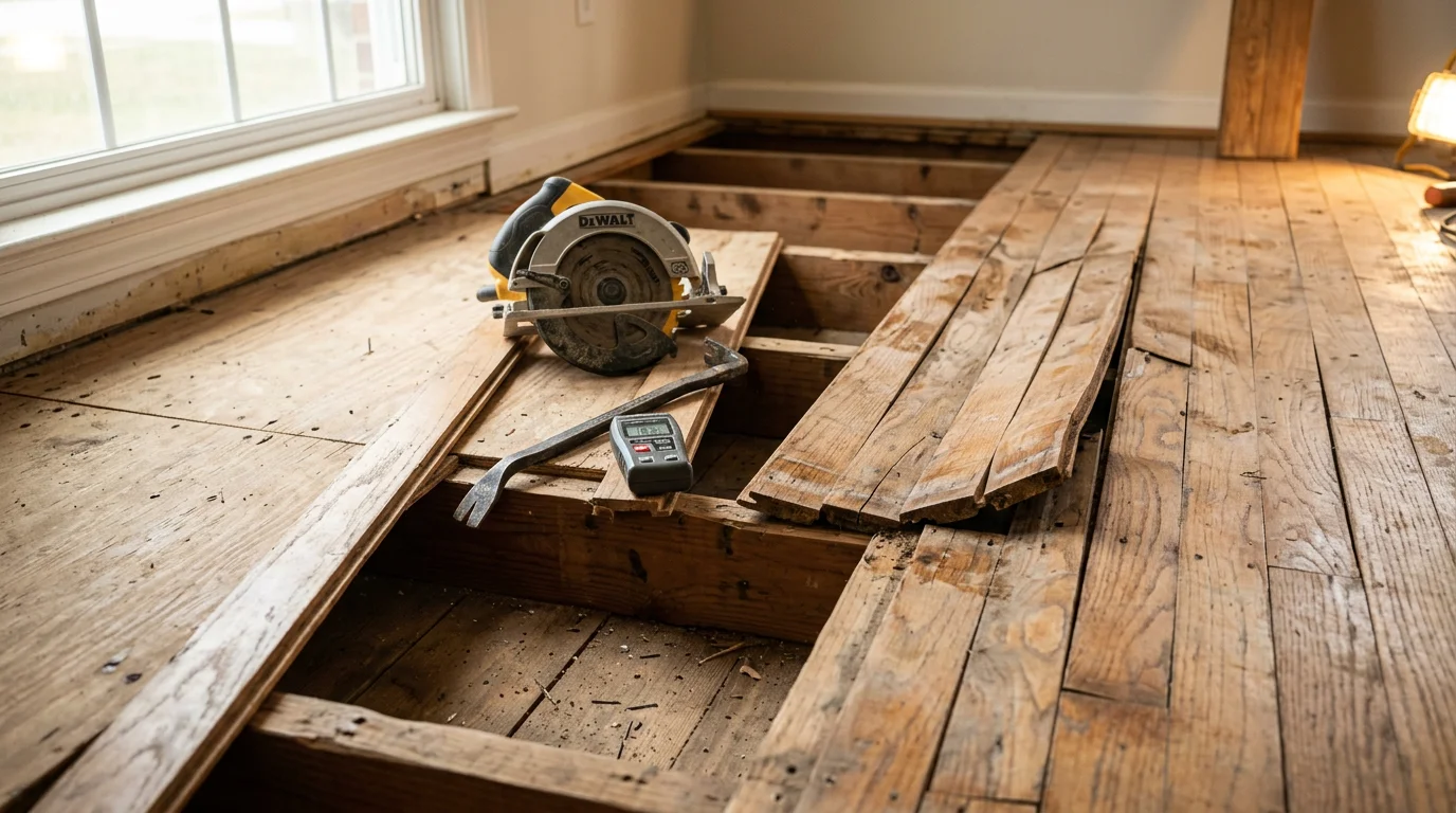 A repaired hardwood floor section in a Halethorpe, MD home showing smooth, level planks alongside the surrounding floor. Close-up view of a completed floor repair with no visible gaps, buckling, or damage.