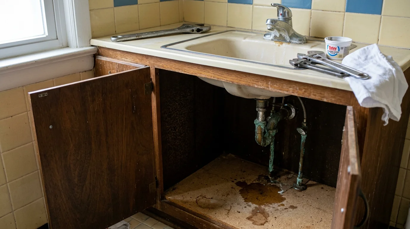 A repaired bathroom faucet with steady, clear water flow in a mid-century single-family home in Halethorpe, MD. A contractor inspects the fixture connections beneath the sink to confirm the repair is secure.