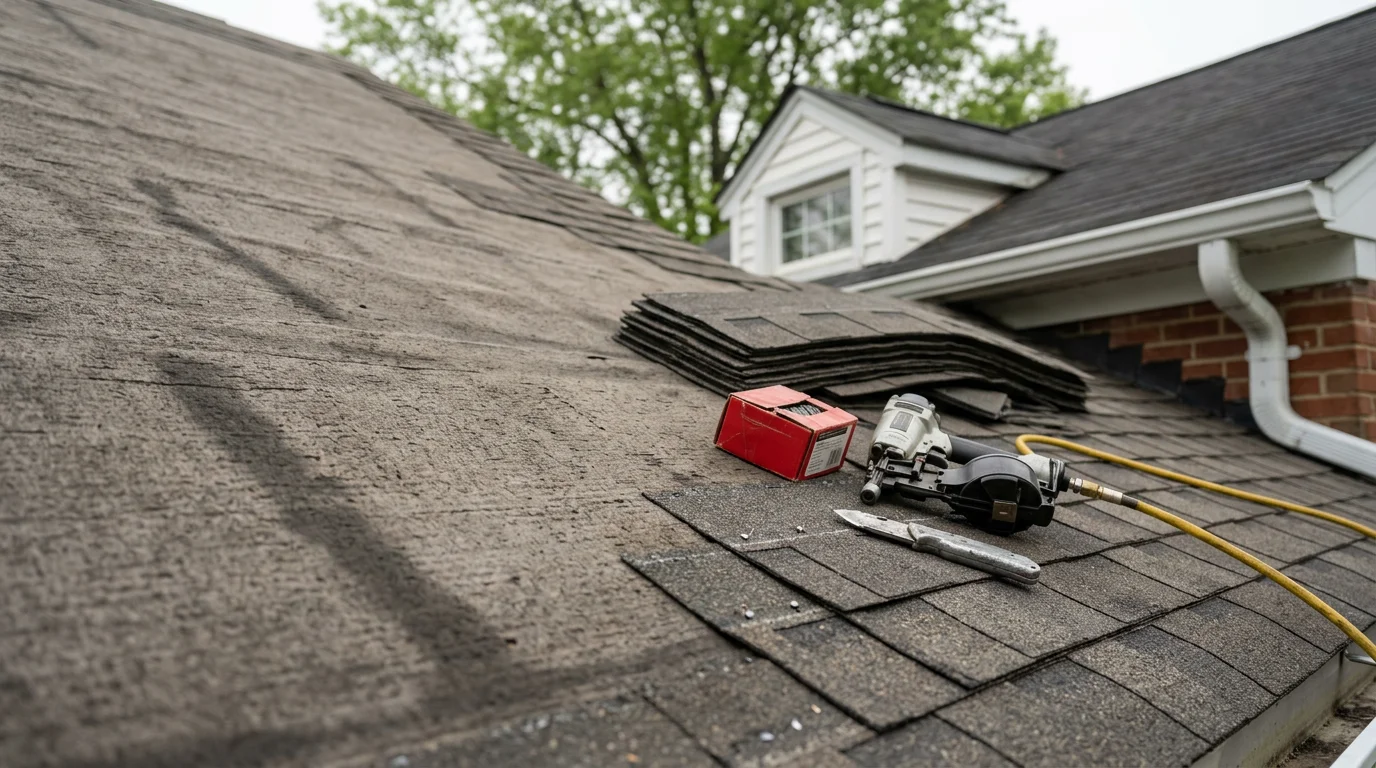 A residential roof in Halethorpe, MD showing completed shingle work on a post-war colonial home with clean ridge lines and intact flashing. A commercial flat roof in the Baltimore County area with properly finished seams and drainage points visible.