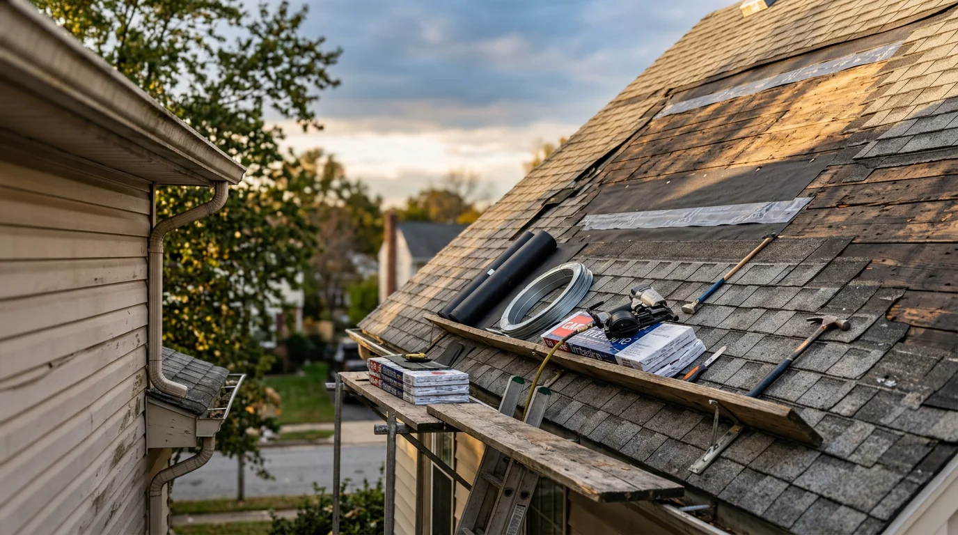 A residential and commercial construction project in Halethorpe, MD showing exterior restoration work on a property. R&R Construction And Restoration Service's LLC crew working on structural repairs to a Maryland building.