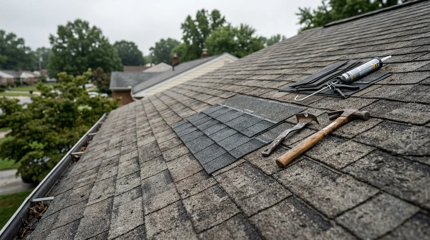 A roofing contractor repairing damaged shingles on a post-war bungalow in Halethorpe, MD, with replaced flashing visible along the roof edge. Close-up view shows fresh shingle sections patched into the existing roof field after storm damage.