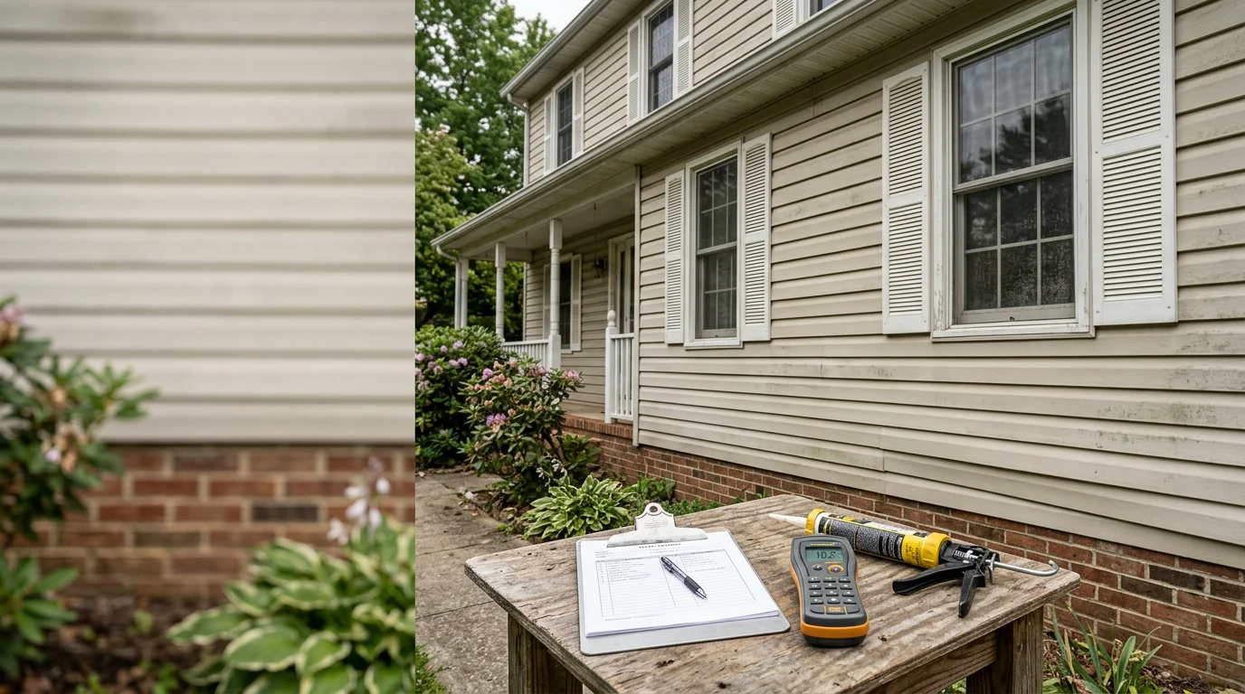 A siding contractor from R&R Construction And Restoration Service's LLC examining the exterior panels of a residential home in Halethorpe, MD during a siding consultation. Close view shows the contractor assessing panel seams and condition along the side of a single-family home.