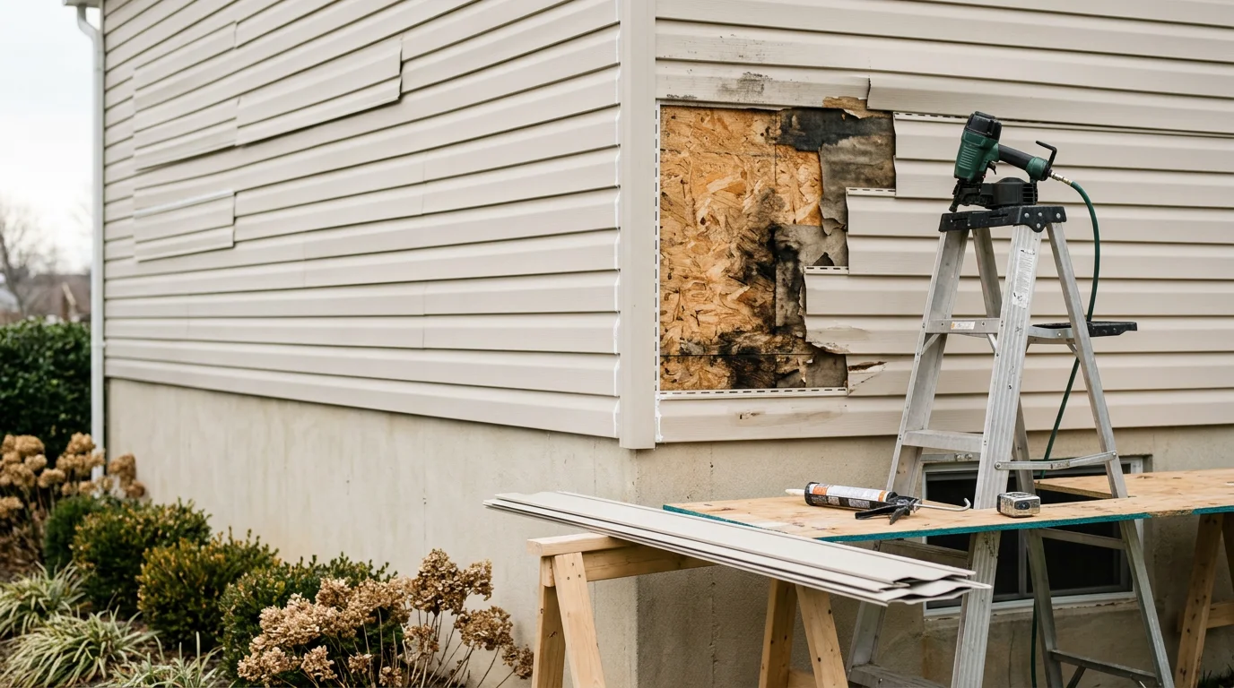 A siding contractor repairing cracked and warped exterior wall panels on a residential home in Halethorpe, MD. Close-up view shows damaged siding sections being restored on a mid-Atlantic style house.