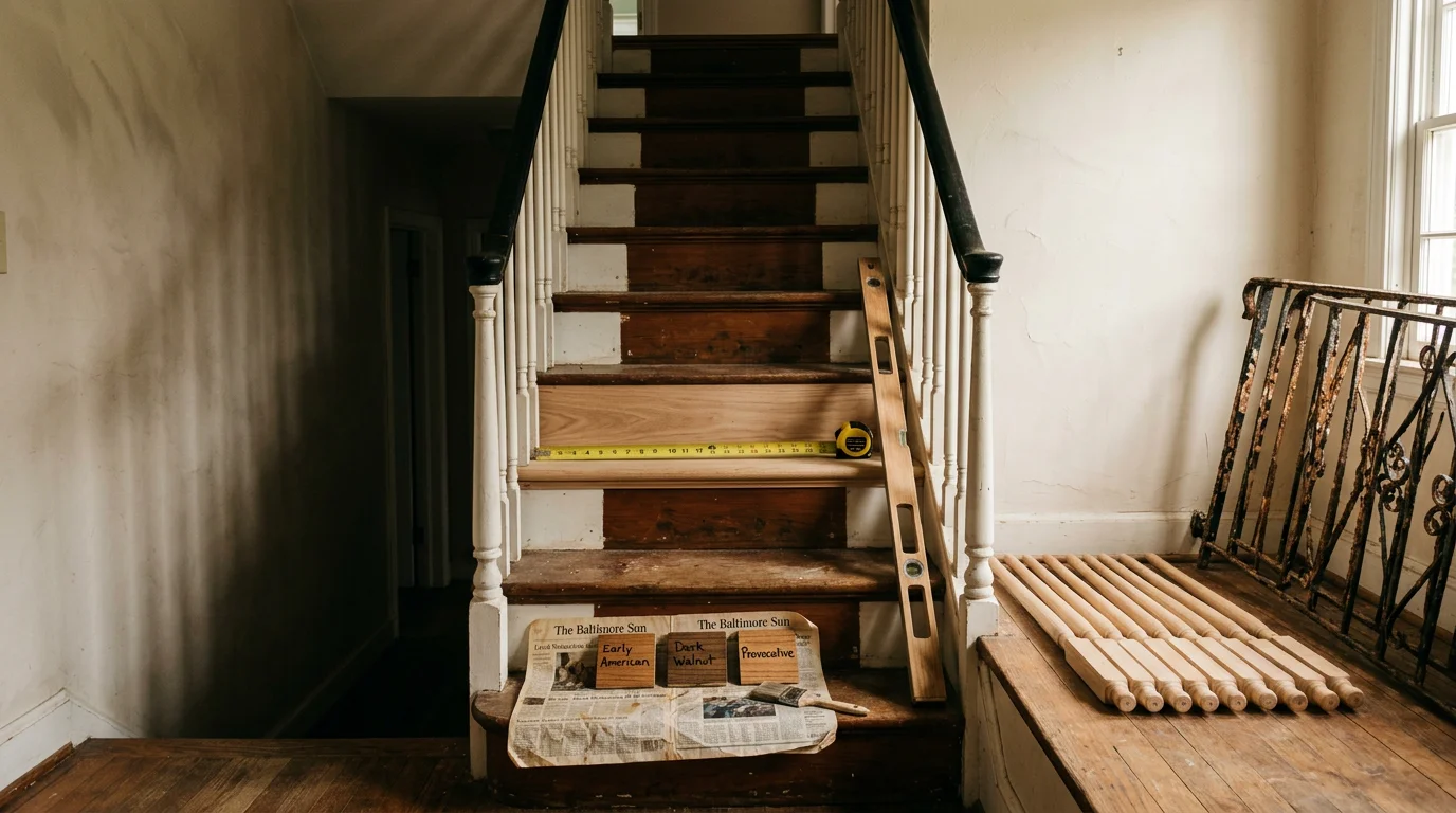 Newly installed wood stair treads and a secured handrail inside a residential home in Halethorpe, MD, showing clean baluster spacing and a solid wall-mounted bracket.