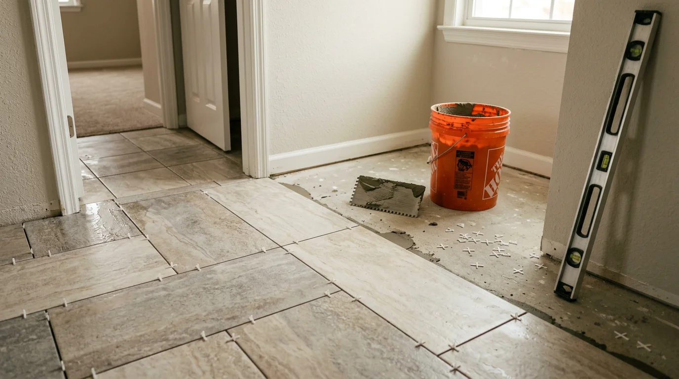 Freshly installed floor tile in a residential bathroom in Halethorpe, MD, showing clean grout lines and a level surface. The tile work covers the full floor area up to the base of the walls, reflecting professional installation by R&R Construction And Restoration Service's LLC.
