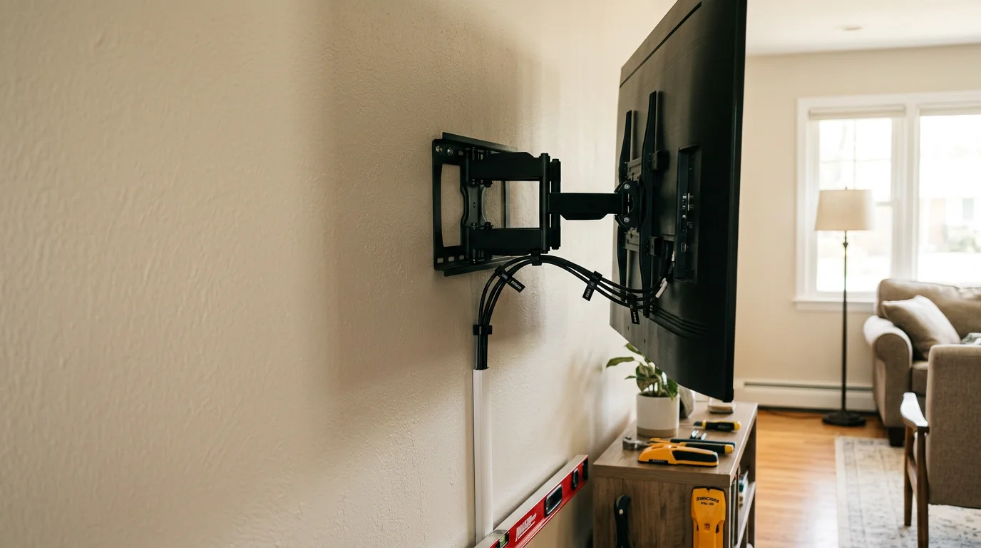 A flat-screen TV mounted flush on a drywall surface in a residential living room in Halethorpe, MD, with cables neatly concealed along the wall. The mount is level and centered above a media console, showing a clean, finished installation.