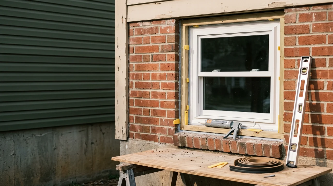 A newly installed window set flush in a residential exterior wall in Halethorpe, MD, with clean trim lines and a sealed frame ready for Maryland's seasonal weather. A crew member from R&R Construction And Restoration Service's LLC checks the fit from outside the home.